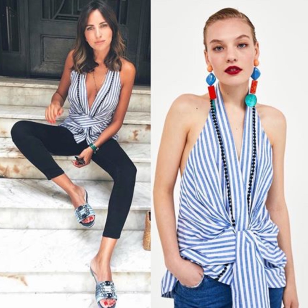 Zara Blue and White Striped Tie-Front Halter Top